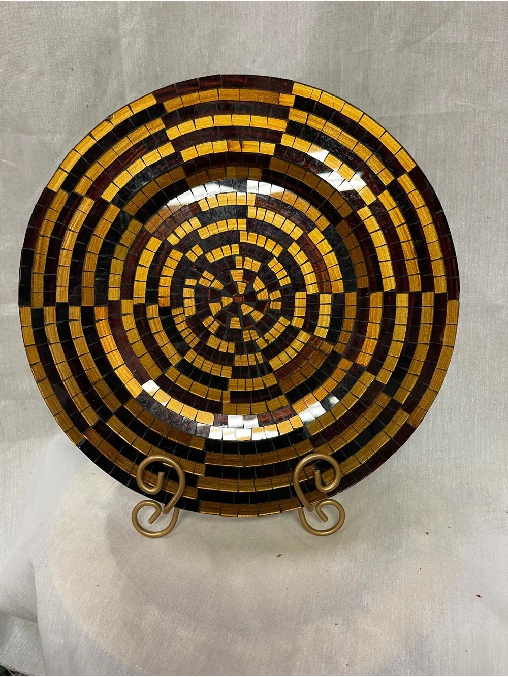 Vintage Mosiac Charger Decor in Rich Amber-orange,Bronze, Brown & Black 12.5”